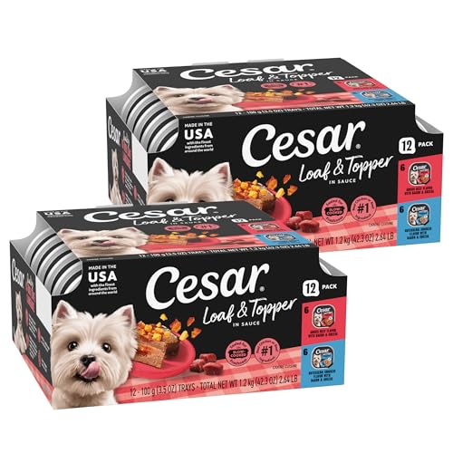 Image of Cesar Loaf & Topper Wet Dog Food, Bacon Feast, 3.5 oz, 12 Count, 2-Pack | Rotisserie Chicken & Angus Beef with Bacon & Cheese, no fillers or artificial flavors, slow-cooked, easy peel trays