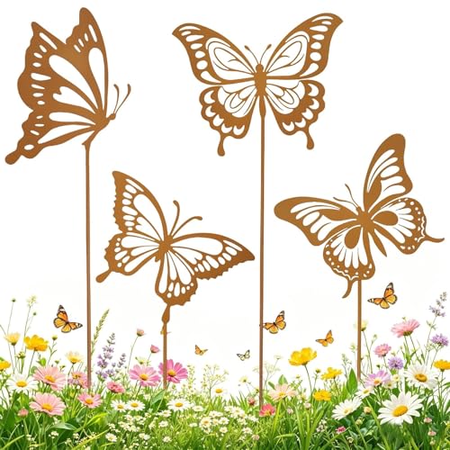 PlsMupn 4 PCS Decorazione da Giardino in Ruggine, Fiori in Metallo per Esterni, Paletti per Fiori Estivi con Motivi Farfalla, per Giardino, Terrazza, Balcone, Vaso da Fiori per Cortile