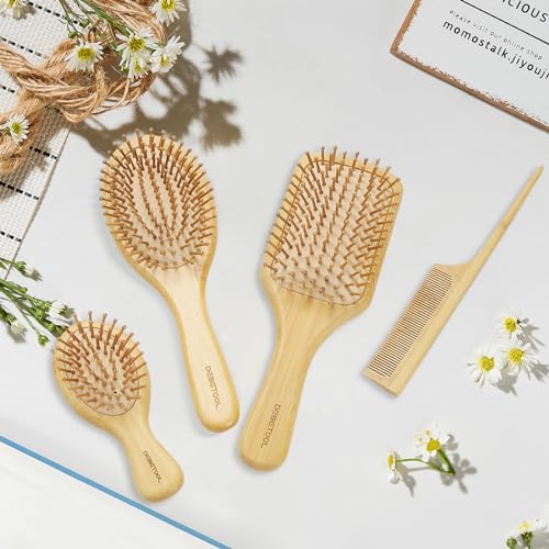 DEBETOOL Bamboo Hair Brush and Comb Set for Women Men and Kids,Natural Bamboo wood Wide-tooth brush and tail comb - Paddle Detangling Brush for Wet Dry Curly Hair