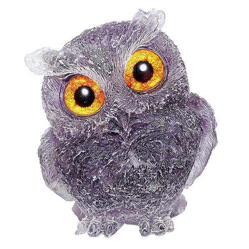 Jovivi Natural Amethyst Crystal Owl Statue Hand Carved Resin Reiki Healing Crystal Pocket Stone Gemstone Animal Owl Figurines Sculpture Ornament 2.5" Cute Home Office Desk Decoration