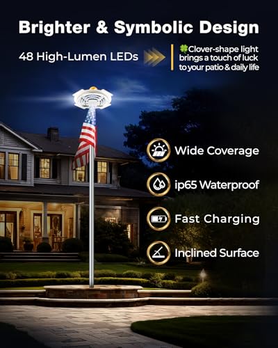 Solar Flag Pole Light, 48 LED 1400LM High Brightness Four-Leaf Clover Layered Flagpole Light for 15-30 Ft Outdoor Poles, Wide Coverage, Up to 17 Hours Runtime, IP65 Waterproof, Auto On/Off — view 3