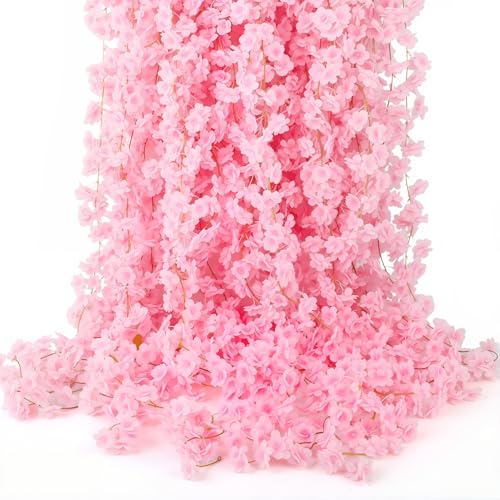 Ovveroche 8 PCS 47.2ft Artificial Cherry Blossom Garland Pink Sakura Flower Vines Hanging Decor for Wedding Party Spring Home Decor Backdrop Arch Valentine Japanese Themed