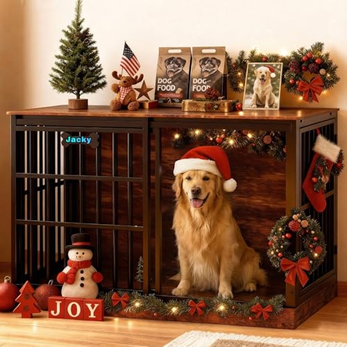 Petrova 47' Dog Crate Furniture for 1 Dogs, Heavy Duty Indoor Dog Kennel for Medium/Large Dogs, Wooden Dog Cage with Sliding Barn Door, Name Tag, Rustic Brown