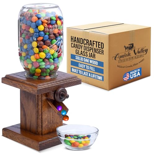 Handcrafted Amish Wooden Candy Dispenser Glass Jar Solid Oak Wood M&M's, Peanuts, Reese's Pieces, Skittles, Jelly Beans, Runts (Sorrel)