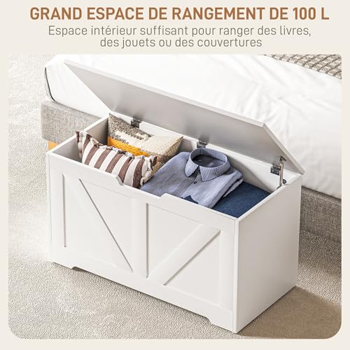 Coffre de rangement blanc 80 cm avec banc integre et couvercle