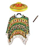 Adults Mens Womens Mexican Fancy Dress Costume with Inflatable Sombrero - Poncho Moustache Day of the Dead Halloween Outfit