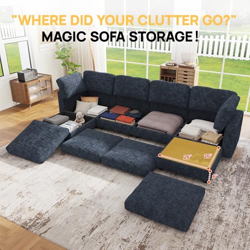 Image of 99 inch Modular Sectional Chenille Sofa bed with Hidden Storage, Comfy Modern 6 Seater Oversized Deep Seat Couch, Modular Sectional with Ottoman and Removable Cover for Living Room, Apartment, Black