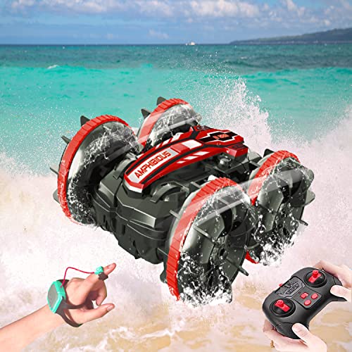 Amphibious ferngesteuertes Auto mit 2 wiederaufladbaren Batterien, 2,4 GHz Fernbedienung & Uhr Gestensing RC Stunt-Auto, doppelseitig 4WD 360° drehbar, wasserdicht, Stunt-Auto, Jungen Mädchen Geschenk Cover