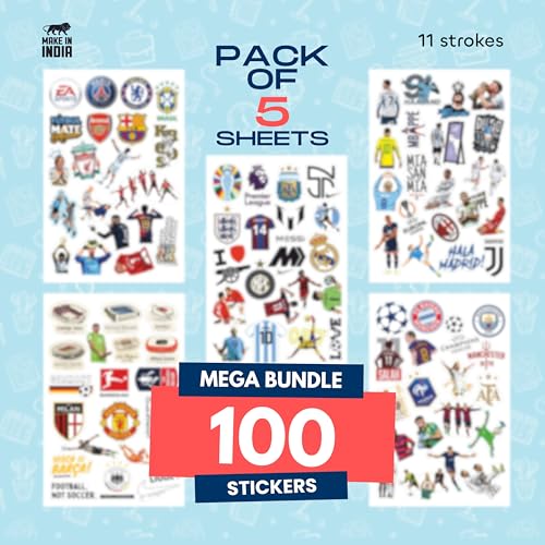 Image of 11 Strokes Stickers Set of 100 Football Stickers for Kids & Adults | Laptop Stickers Aesthetic Soccer Stickers Set | Laptop Sticker | Messi, Ronaldo, Real Madrid, Barcelona Gifts | Fun Football
