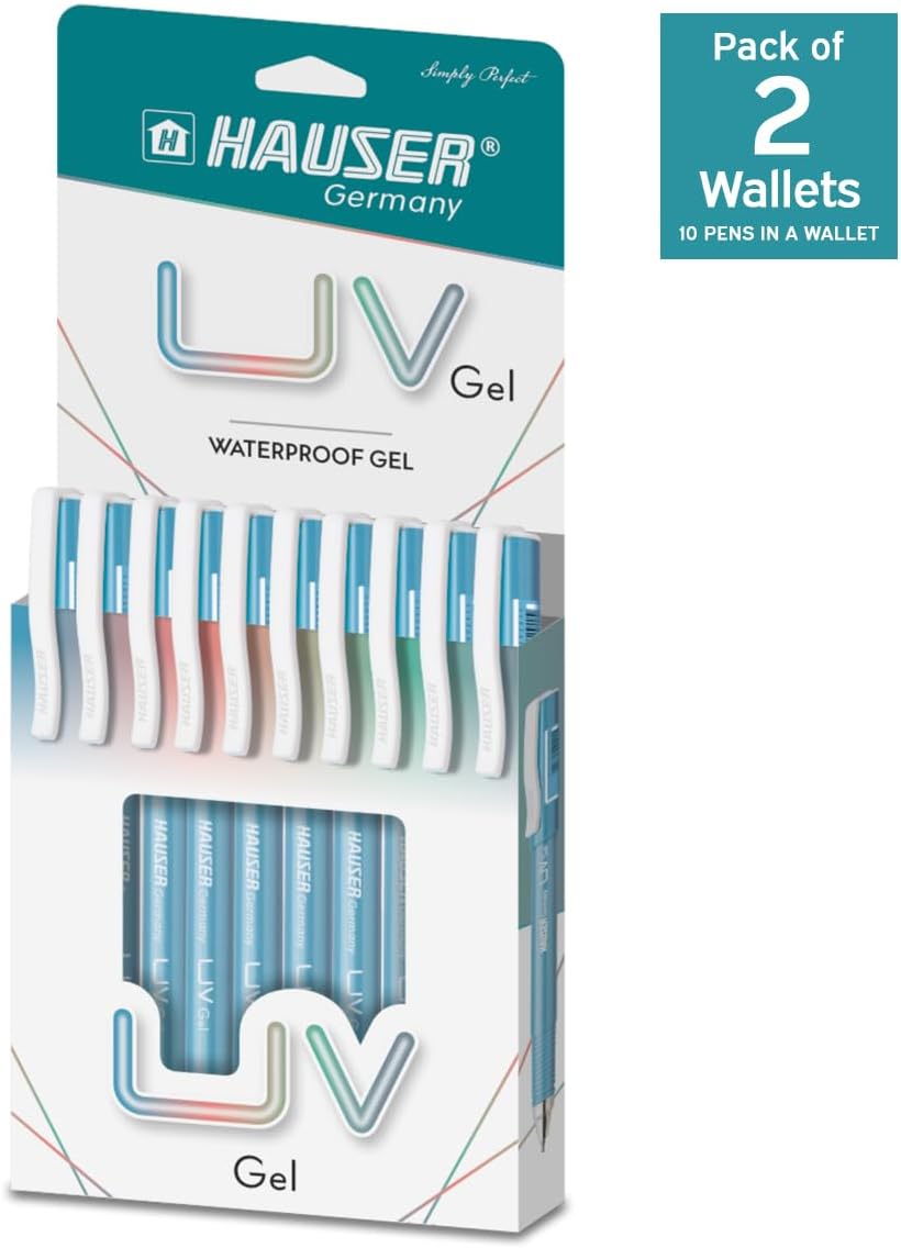 Hauser UV Gel Pen Wallet Pack | Ensures Smoothness & Durability | Waterproof Ink For Smooth & Smudge Free Writing | Blue Ink, Pack of 20 Pens