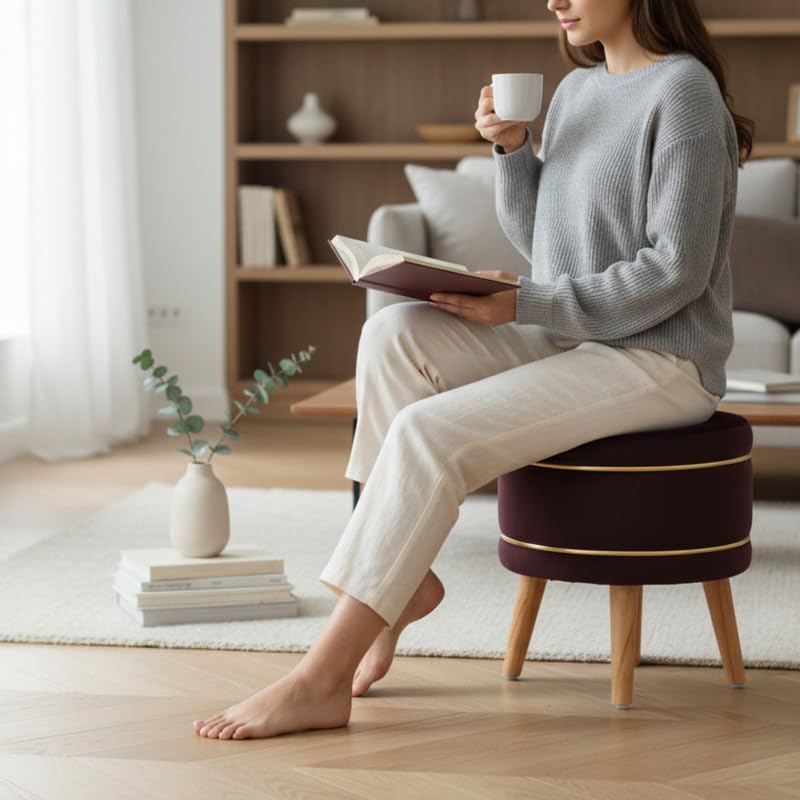 Image of Ottoman Stool for Living Room Foot Rest | Velvet Small Ottoman Foot Stool | Solid Wood Legs | Footstool Puffy for Home, Bedroom & Makeup Table | 16x16x18 Inch, Set of 2 (Coffee)