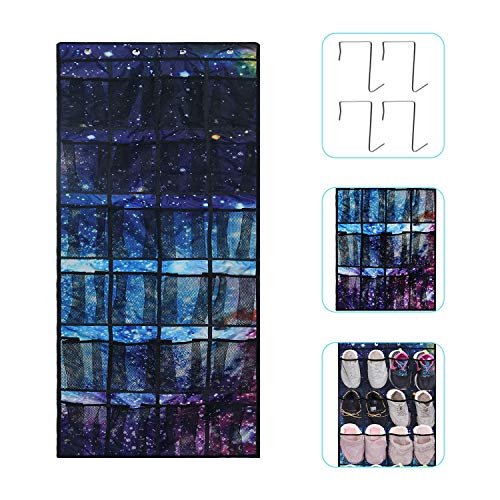 Zwudy Over The Door Shoe Organizer, 24 Mesh Pockets Over The Door Organizer with 4 Hooks, 18.5 x 64 Inch Night Starry Sky Shoe Organizer for Closet