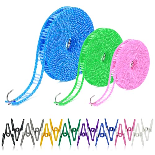 3 Items Washing Line Extendable Washing Line Camping Washing Line Extra Strong Travel Washing Line with 16 Clothes Pegs 3/5/10 m Camping Accessories for Garden Holiday Motorhome