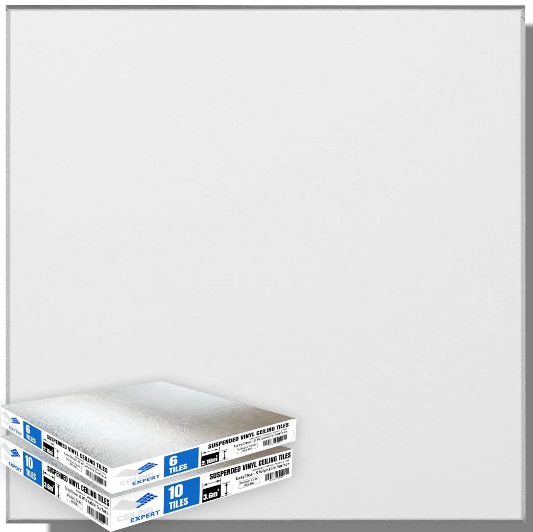 Suspended Vinyl Ceiling Tiles 595mm x 595mm x 7mm EASYCLEAN & Wipeable 600mm x 600mm Pack of 16 Tiles for 5.76m2 Area