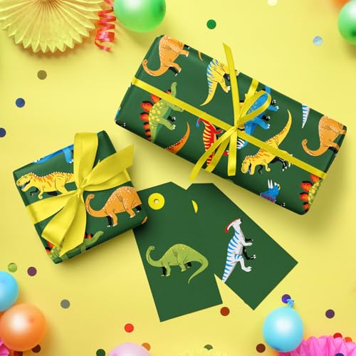WRAPAHOLIC Dinosaur Wrapping Paper Roll - Mini Roll - 17 Inch x 9.8 Feet - Green Dinosaur Design, Perfect for Girl Kids Boy Birthday, Baby Shower, Dinosaur Party, Dinosaur Lovers