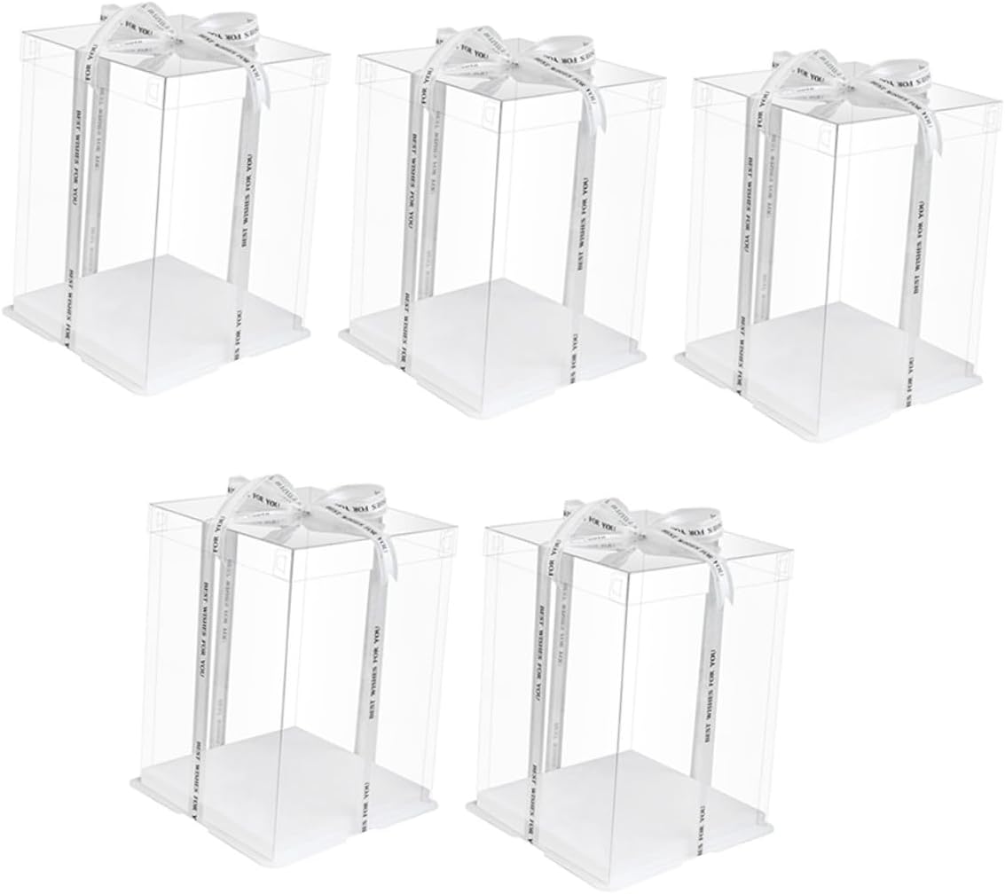 5pcs 8-inch Birthday Cake Boxes with Ribbons, Double-layer 26x26x25cm Food Packaging Containers for Cake Storage and Dessert Carrying