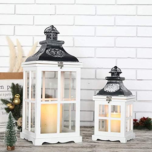 JHY DESIGN Set of 2 White Wood Decorative Candle Lanterns 21.5"&14" High Metal Lanterns for Indoor Outdoor Events Parities and Weddings Vintage Style Hanging Lantern (White Wood, Antique Grey Metal)