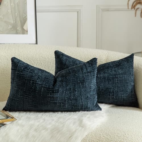 MANDIOO Pack of 2 Soft Chenille Textured Throw Pillow Covers Lumbar Accent Solid Decorative Cushion Cover Cozy Farmhouse Pillow Case for Couch Sofa Bed Living Room 12x20 Inch Dark Blue