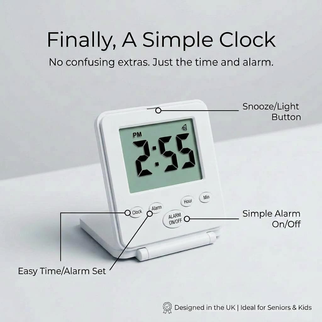 Digital Travel Alarm Clock - No Bells, No Whistles, Simple Basic Operation, Loud Alarm, Snooze, Small and Light, ON/Off Switch, 2 AAA Battery Powered, White