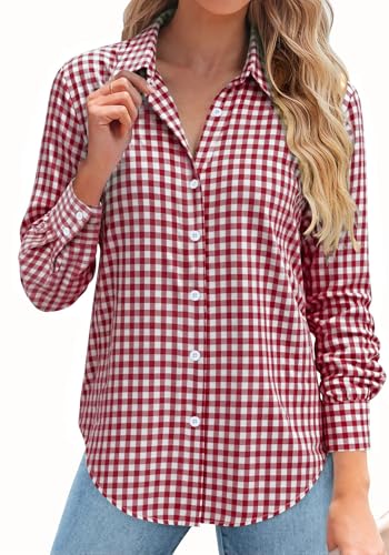 Rapbin Dress Shirts for Women Button Down Blouse Long Sleeve Business Slim Fit Collar Wrinkle Free Formal (Red Plaid,XX-Large)