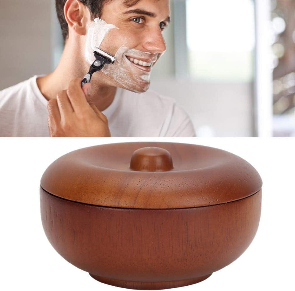 Wooden Shaving Brush Bowl Mug with Cover, Rubber Wood Shaving Cream Bowl for Men, Non-Slip Barber Tool for Rich Foam Creation