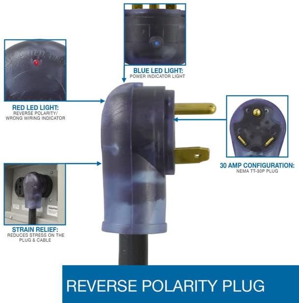 Conntek 30A RV Locking Power Cord 30 Foot with Reverse Polarity Indicator Light
