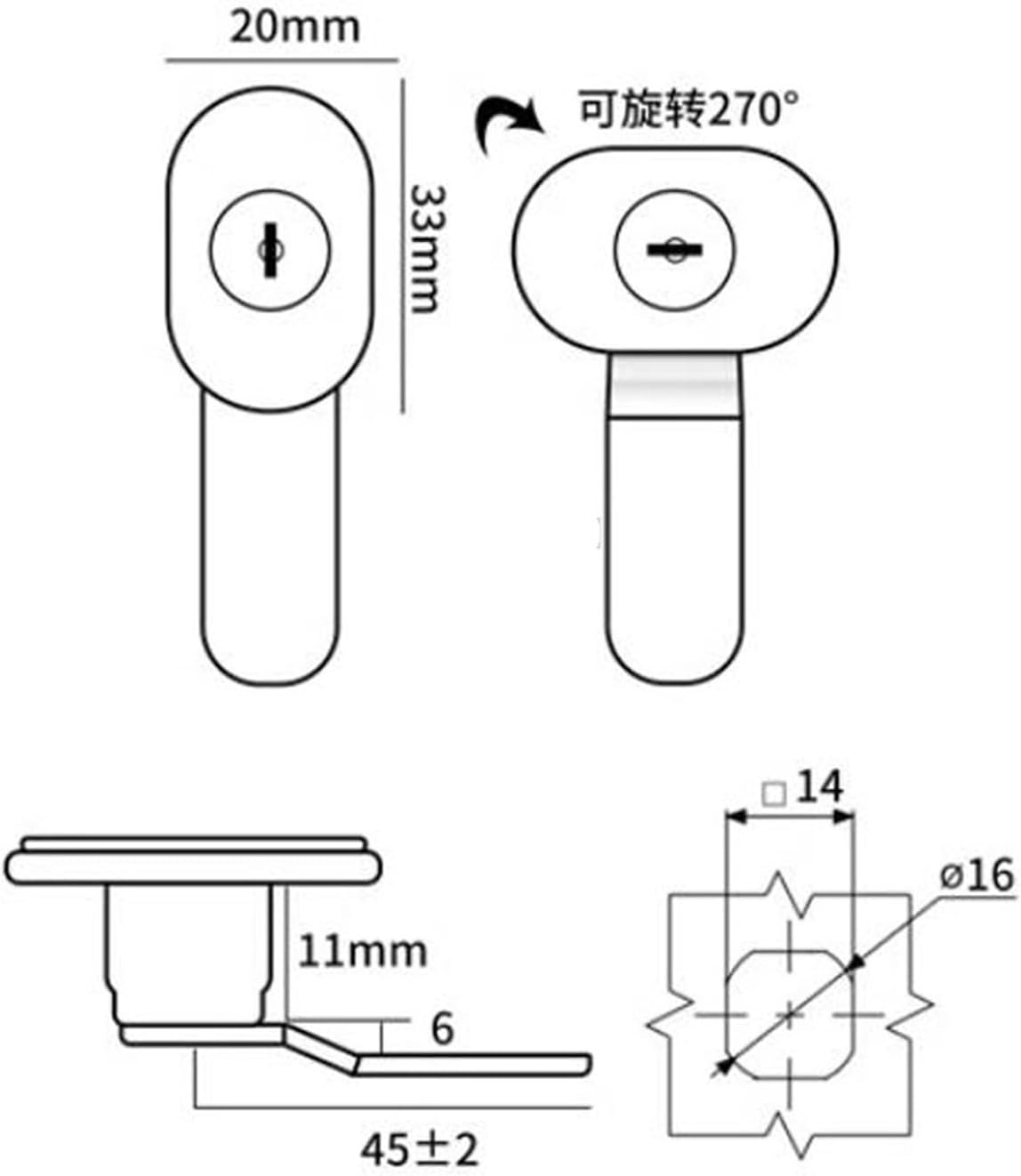 Furniture Hardware Mailbox Cam Lock Rotate 270 Degrees Tongue Lock with 2 Keys 1Pcs