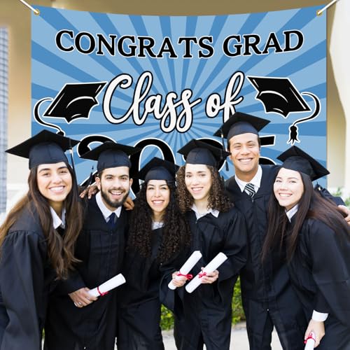 Image of Congrats Grad Class of 2025 Backdrop Banner Light Blue Class of 2025 Banner Backdrop Graduation 2025 Background Sign for Graduation Party Supplies Graduation Decorations 2025 (Light Blue)