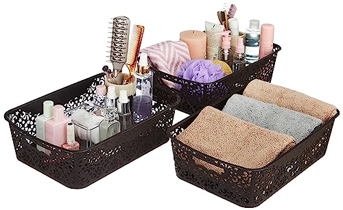 Amazon Brand - Solimo Fabric Royal Multipurpose Rectangular Storage Basket - Medium (Set Of 3, Brown)