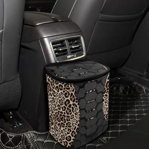 Image of Talayituse Leather Texture Leopard Pattern Car Trash Can with Lid, Leak Proof Auto Trash Bag Hanging Vehicle Garbage Can Multipurpose Storage Container for Back Seat Road Trip