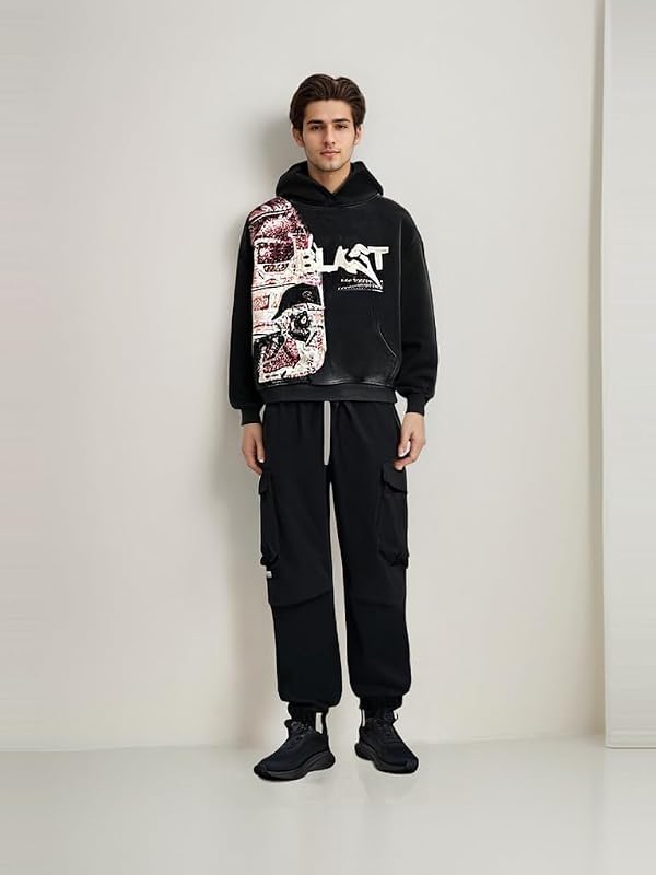 Obenie Retro Y2K Hoodie Gothic Casual Alphabet Blast Print Pattern Skull Fashion Hoodie Men Harajuku Men Clothing (black,L,Large) image 6