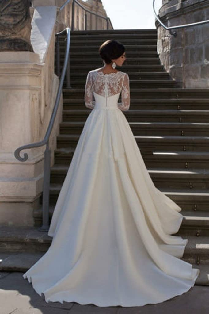Vestido de Novia de Encaje de Manga Larga de Cola Larga Vestido de Novia Romántico Blanco Francés Vestido de Noche Mujer Grande, Blanco, US12