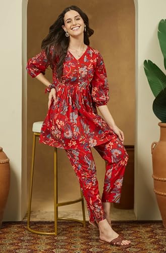 Image of Janasya Women's Red Pure Cotton Floral Printed Peplum Co-ord Set