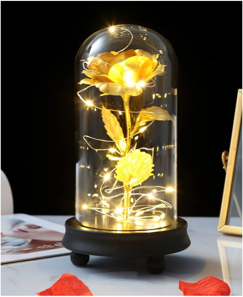 Forart 24k Gold Rose Galaxy Flower, Romantic Rose in a Glass Dome with LED Light Gift Box for Wedding, Valentine's Day, Mothers Day, Christmas