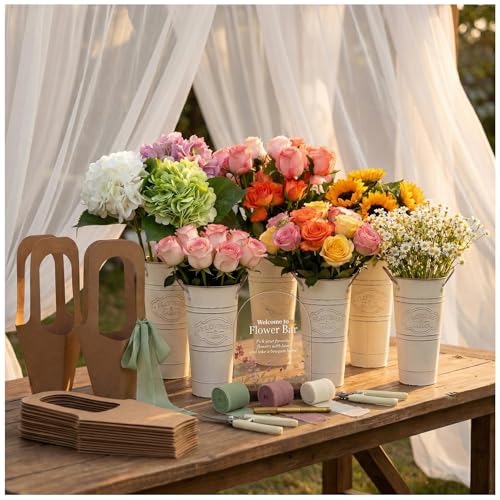43 Pcs Bridal Shower Flower Bar Supplies Make Your Own Bouquet Station Include 6 Embossed Iron Buckets Reusable Acrylic Sign 30 Kraft Bags Chiffon Ribbons for Baby Shower Wedding Bloom Bar Supplies