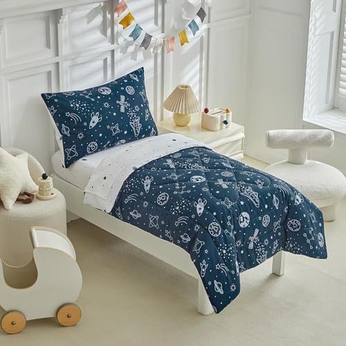Image of 4 Pieces Toddler Bedding Set for Boy,Space Toddler Bed Comforter Set,Soft and Breathable Microfiber Crib Sheet Set,Includes Quilted Comforter, Flat Top Sheet, Fitted Sheet, Envelope Pillow Case -Blue