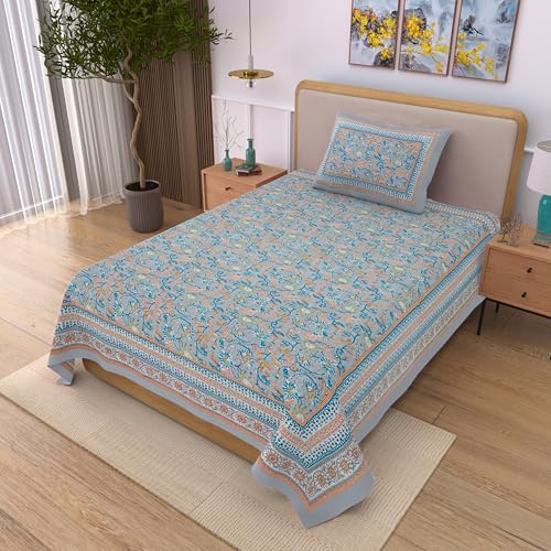 Image of 100% Cotton Single Bedsheet with 1 Pillow Cover | 240 TC Pure Cotton Flat Bed Sheet | Traditional Jaipuri Printed Bedding Set | Soft & Breathable | 60 x 90 Inch (Rangmahal Single 08)