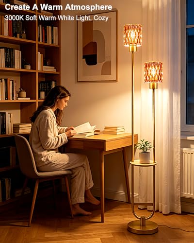 Image of Lightdot 2-Lights Modern Glass Floor Lamp with Shelf Gold Standing Tall Lamps with Pomegranate Red Glass Shade, LED Floor Lamp with Foot Switch for Living Room Bedroom Home Decor (Bulbs Included)