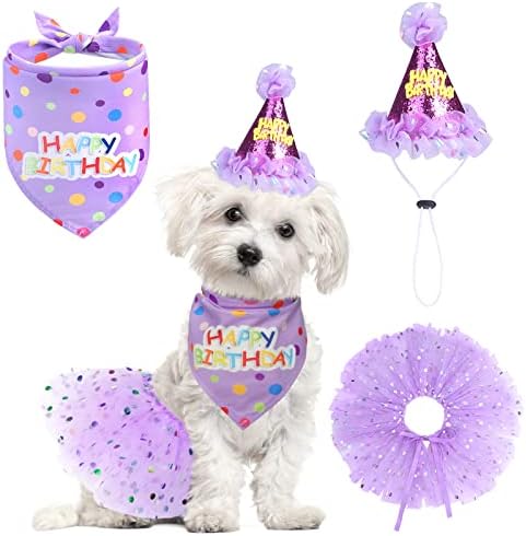 SCENEREAL Dog Birthday Bandana with Hat and Dress Girl Set, Puppy Birthday Party Supplies, Cute Tutu Skirt Outfit for Small Medium Large Dogs