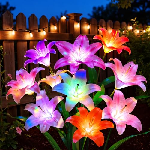 LETMY Solar Garden Lights 4 Pack Solar Flower Lights with 6 Head Bigger Lily Lights IP65 Waterproof Solar Lights Outdoor Decorative Lights for Garden Patio Yard Flower Bed