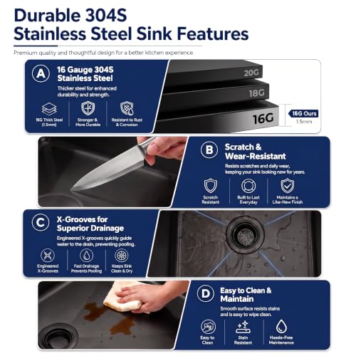 Image of LQS 28 Inch Black Undermount Kitchen Sink, Stainless Steel Workstation Sink