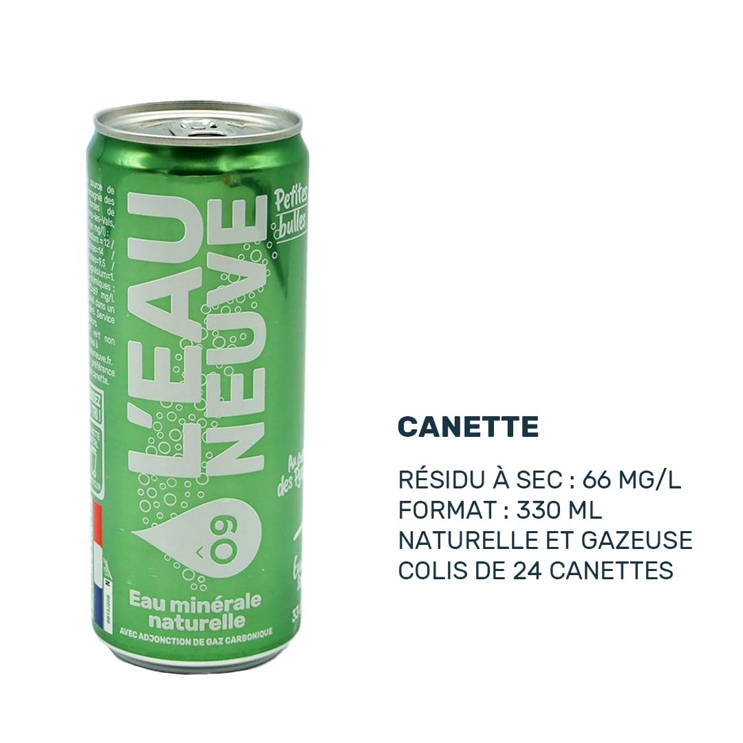 Canette Eau Neuve 24 Canettes x 33cl | Eau minérale naturelle Gazeuse avec adjonction de CO2