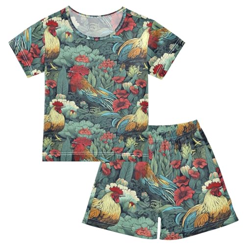 ALAZA Cactuses Flowers Rooster Pajama Set Short Sleeve Sleepwear Soft Lounge Nightwear
