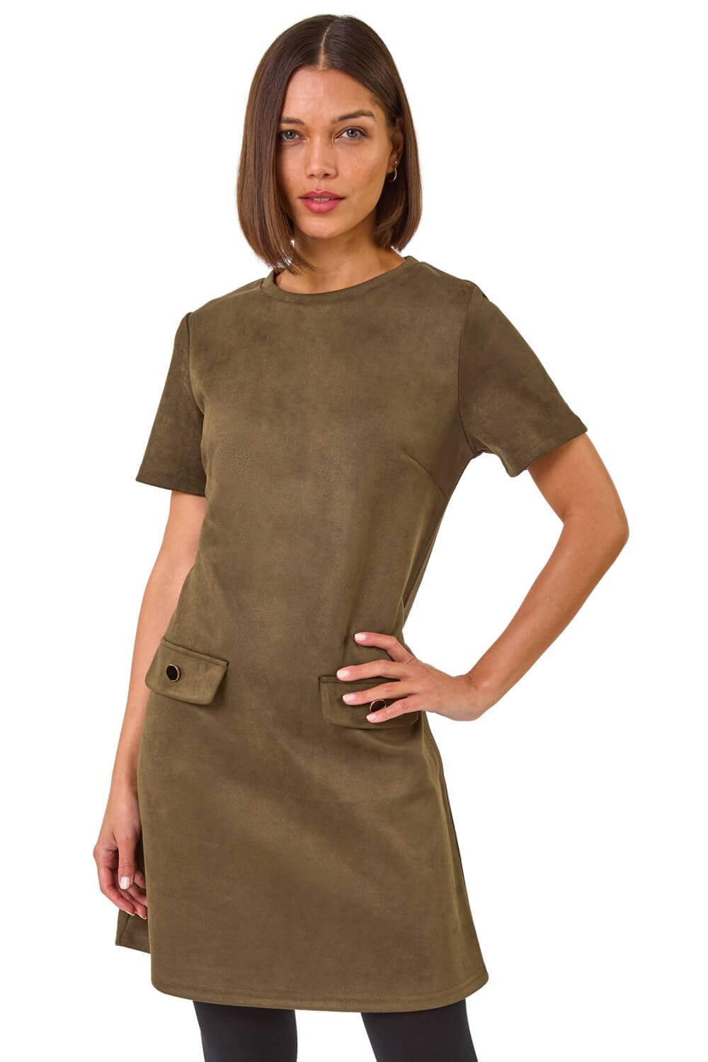 Roman Originals Women's Khaki Suedette Button Shift Stretch Dress For Uk - Everyday Autumn Winter Round Neckline Comfy Soft Evening Vacation Work Party Night Out - Size 20