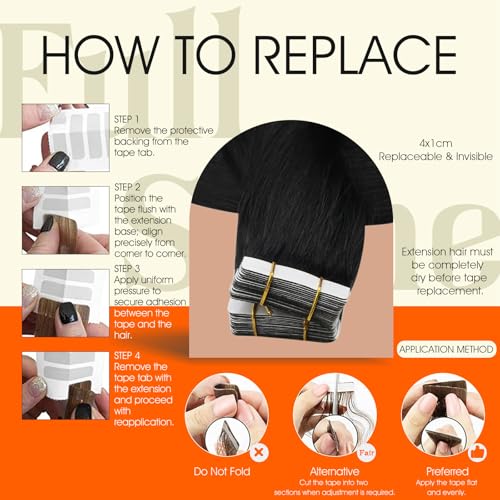 Image of Full Shine Tape in Hair Extensions Human Hair,1B Off Black,10Inch 30G 20Pcs,Seamless Invisible Tape in Extensions for Thin Hair,Add Natural Volume And Length,Remy Human Hair
