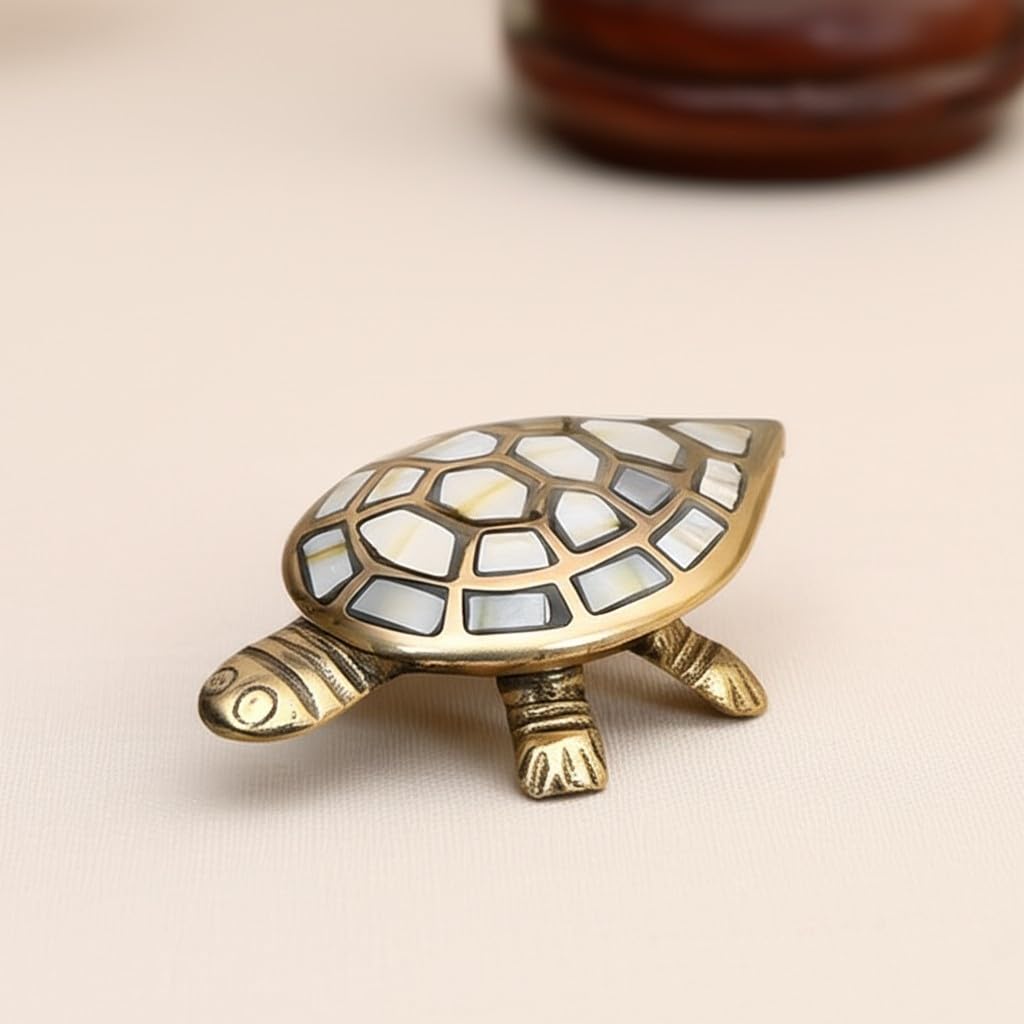 TEARS CRAFTS Brass Tortoise Ashtray with Mother of Pearl Inlay, Decorative Box Design, 10 x 7 cm, Antique Gold Finish-image-3