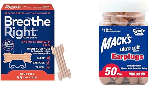 Breathe Right Nasal Strips, Extra Strength, Tan Nasal Strips, Help Stop Snoring, Drug-Free Snoring & Mack's Ultra Soft Foam Earplugs, 50 Pair - 33dB