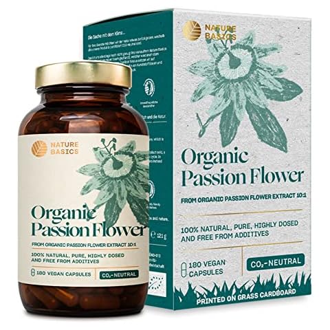 Nature Basics® Organic Passionflower Capsules 10:1 Extract Certified & Sustainable in a jar | 180 high-dose Vegan Capsules with 1,100mg per Daily dose Cover