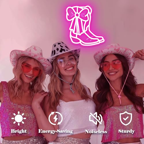 Image of Cowboy Boot With Pink Bow Neon Sign Cowgirl Boot Led Sign Dimmable Cowgirl Western Wall Decor Coquette Bows Pink Room Decor Aesthetic Birthday Party Gifts