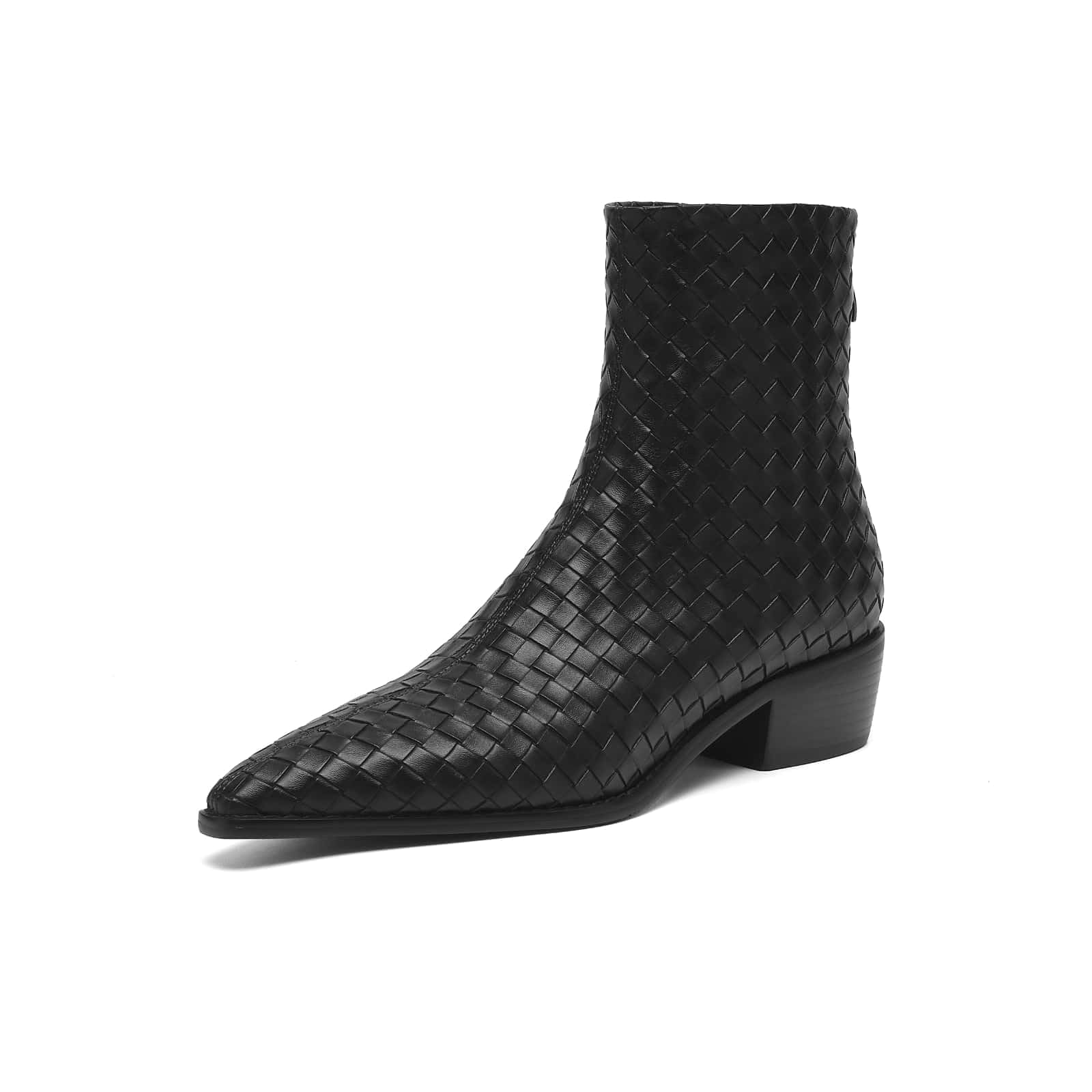 TinaCus Womens Genuine Leather Handmade Braid Back Zipper Pointed Toe Stacked Low Heel Ankle Booties